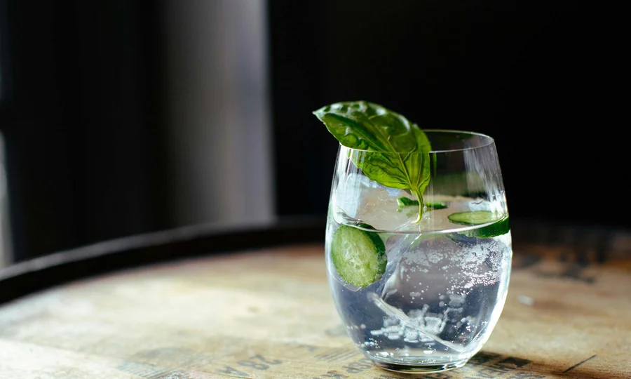 Glas mit Sprudelwasser, Gurkenscheiben und Basilikumblatt