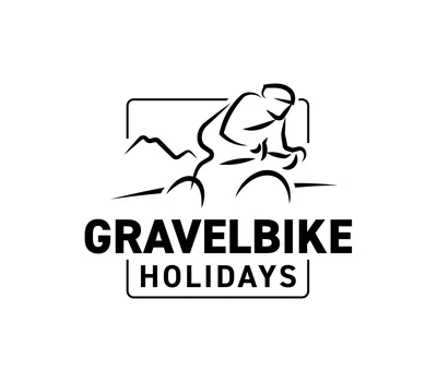 Logo nero di un ciclista in montagna con scritta Gravelbike Holidays
